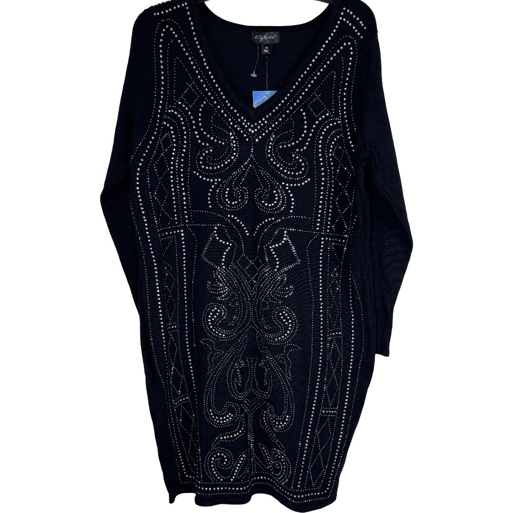 Say What Womens 2X Black Rhinestone Embellished V-Neck Sweater Dress Tunic NEW - Picture 9 of 11